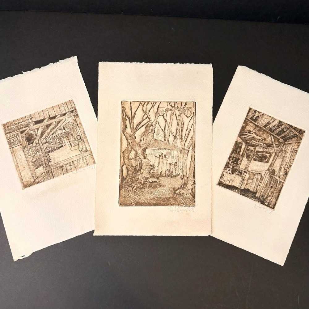 VTG Lot of 3 Etchings Stained Glass‎ Booths & Renaissance Pleasure Faire Signed